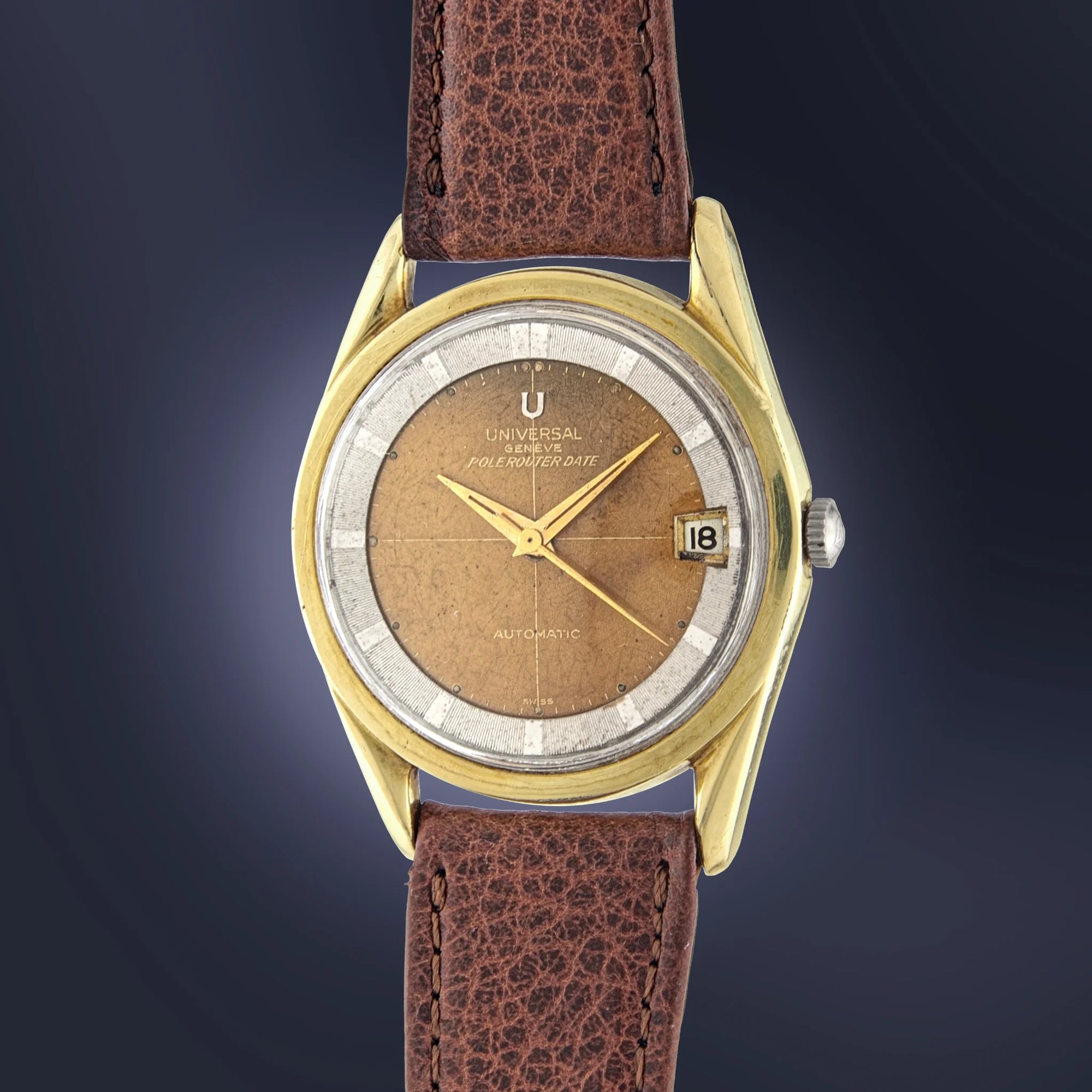 1960s Universal Genève Polerouter Microrotor Two Tone Gold and Steel Ref. 2046059 9 for sale on Vintage Watch Leader Cover