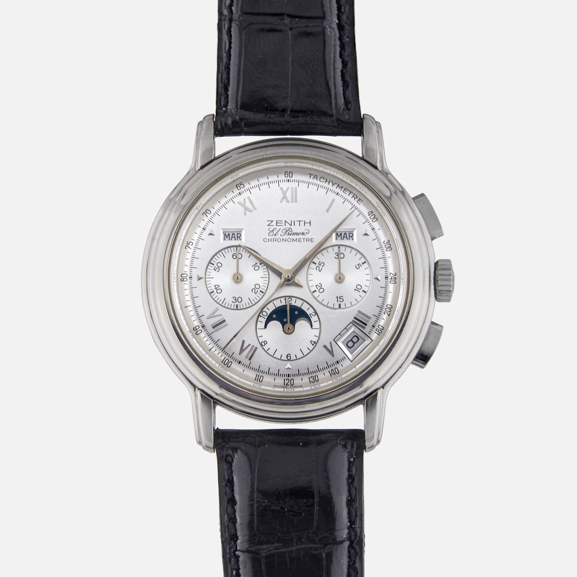 1990s Zenith El Primero Chronomaster Moon Phase with White Silver Dial Ref. 01 0240 410 Caliber 410 for sale on Vintage Watch Leader 