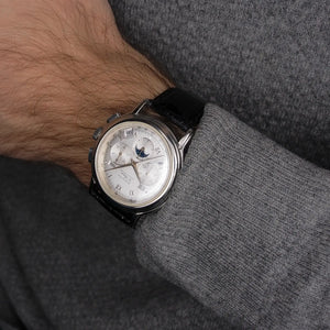Wristshot of 1990s Zenith El Primero Chronomaster Moon Phase with Grey Sweater Ref. 01 0240 410 Caliber 410 for sale on Vintage Watch Leader 