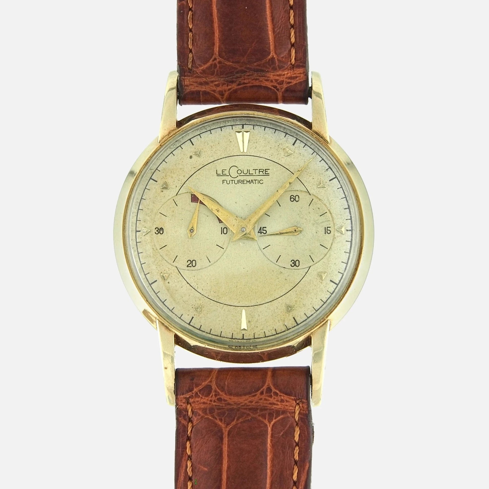 1950s LeCoultre Vintage Futurematic in 10Kt Gold-Filled Yellow Gold the first watch bumper automatic winding 497 calibre and power reserve available for shipping on Vintage Watch Leader