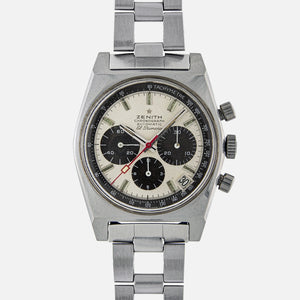 1970s Vintage Zenith A384 Panda El Primero Watch First Automatic Chronograph with Steel Ladder Bracelet for sale on Vintage Watch Leader