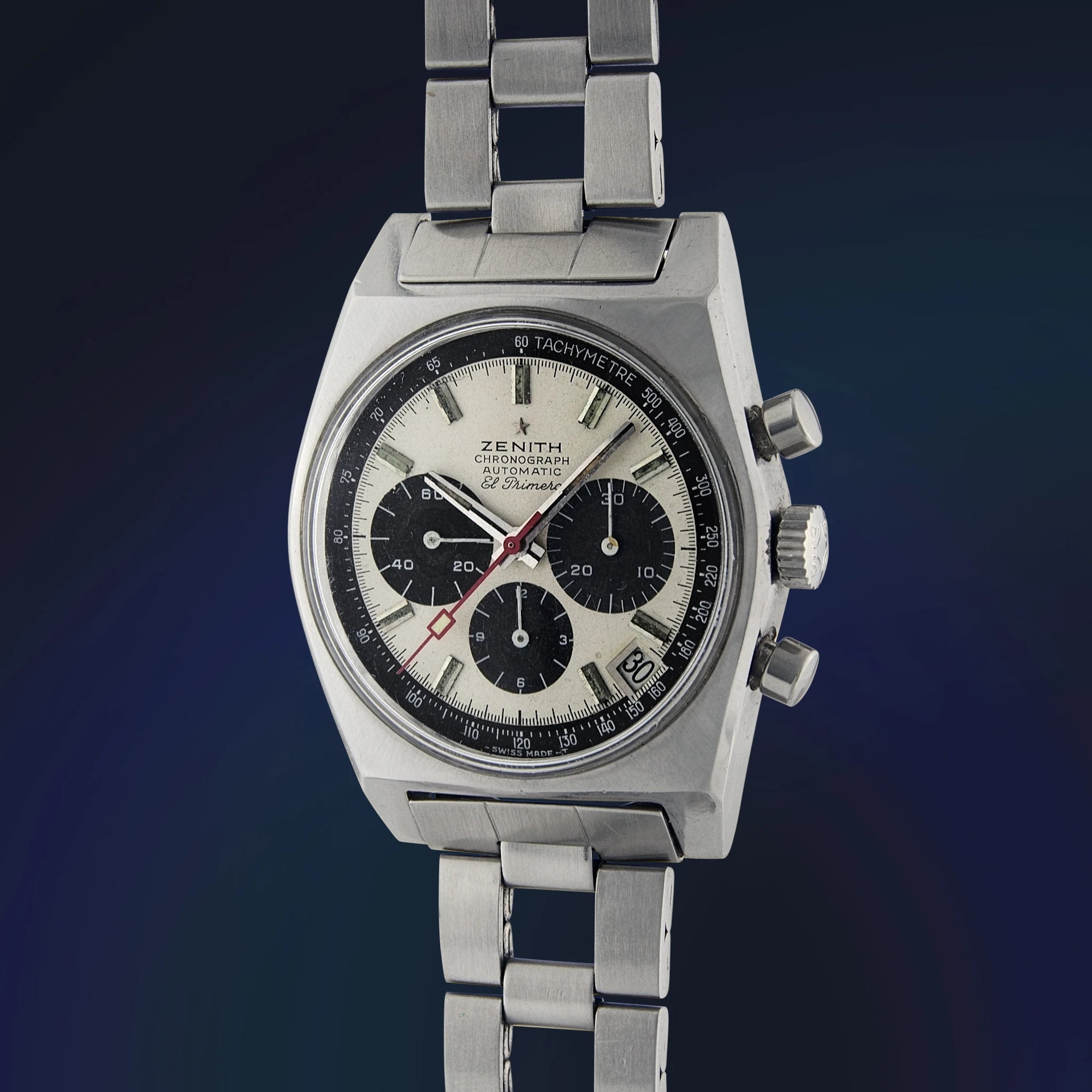 1970s Vintage Zenith A384 Panda El Primero Watch First Automatic Chronograph with Steel Ladder Bracelet for sale on Vintage Watch Leader