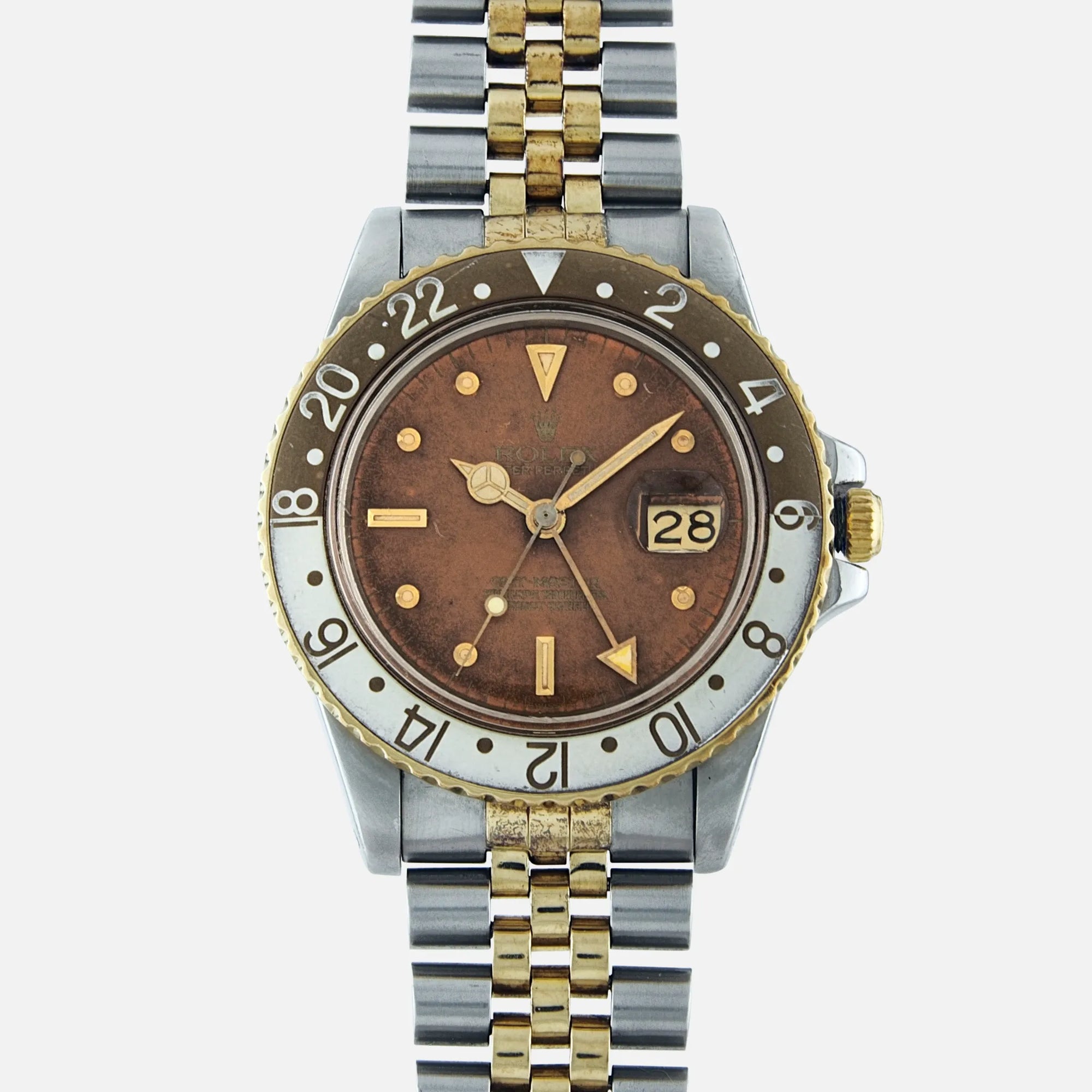 1979 Rolex GMT-Master Nipple Dial Rootbeer Tiger's Eye Occhio di Tigre Ref 16753 Vintage Watch for Sale on Vintage Watch Leader 