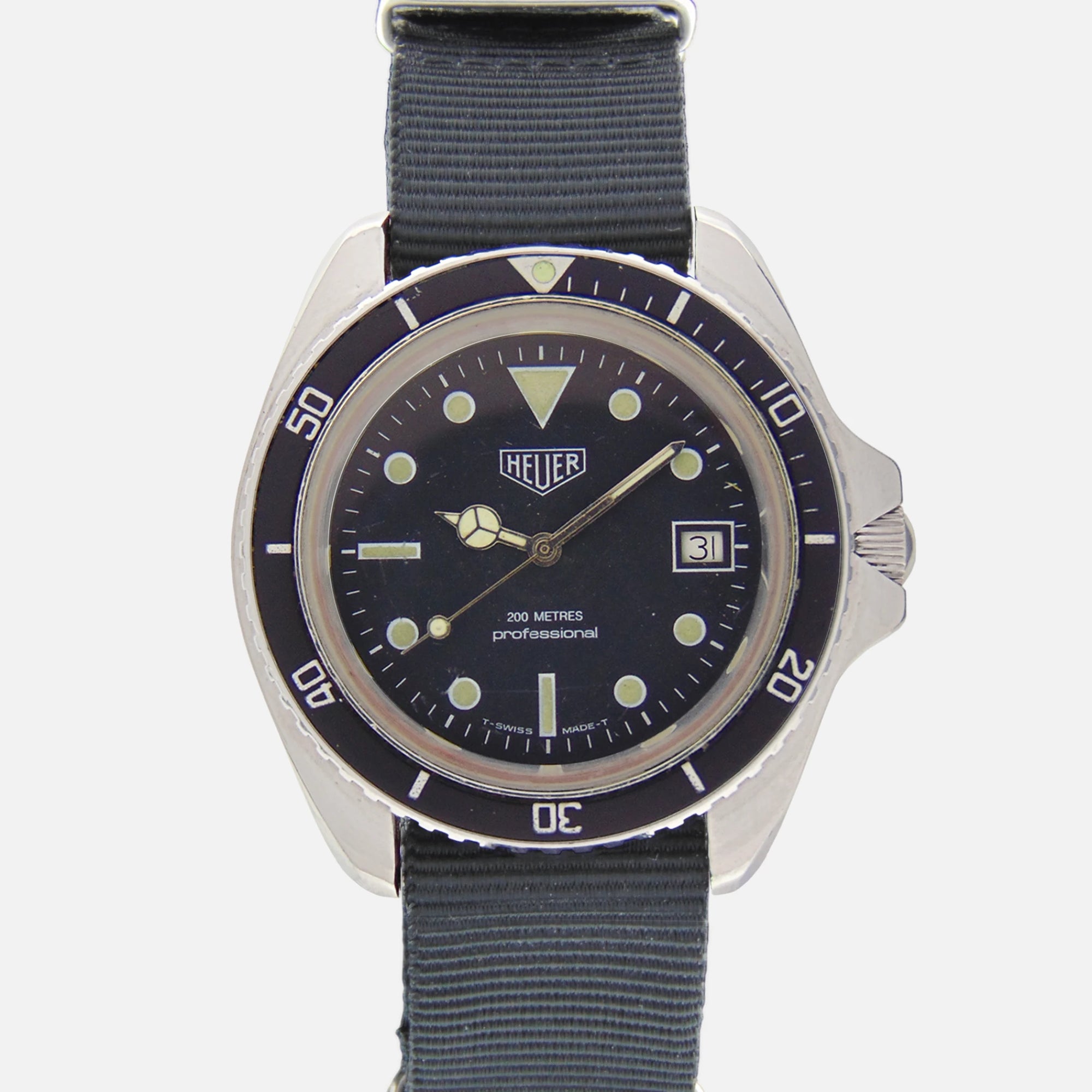1980s Vintage Heuer Professional 200 Watch Model ref. 844 2 Monnin in Steel for sale on Vintage Watch Leader