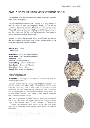 1960s Heuer Pre-Carrera Chronograph Ref. 3641 - Vintage Watch Leader Condition Report