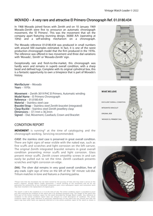1970s Movado Zenith El Primero Chronograph Vintage Automatic Ref. 01.0180.434 3019PHC - Vintage Watch Leader - Condition Report - Expertise