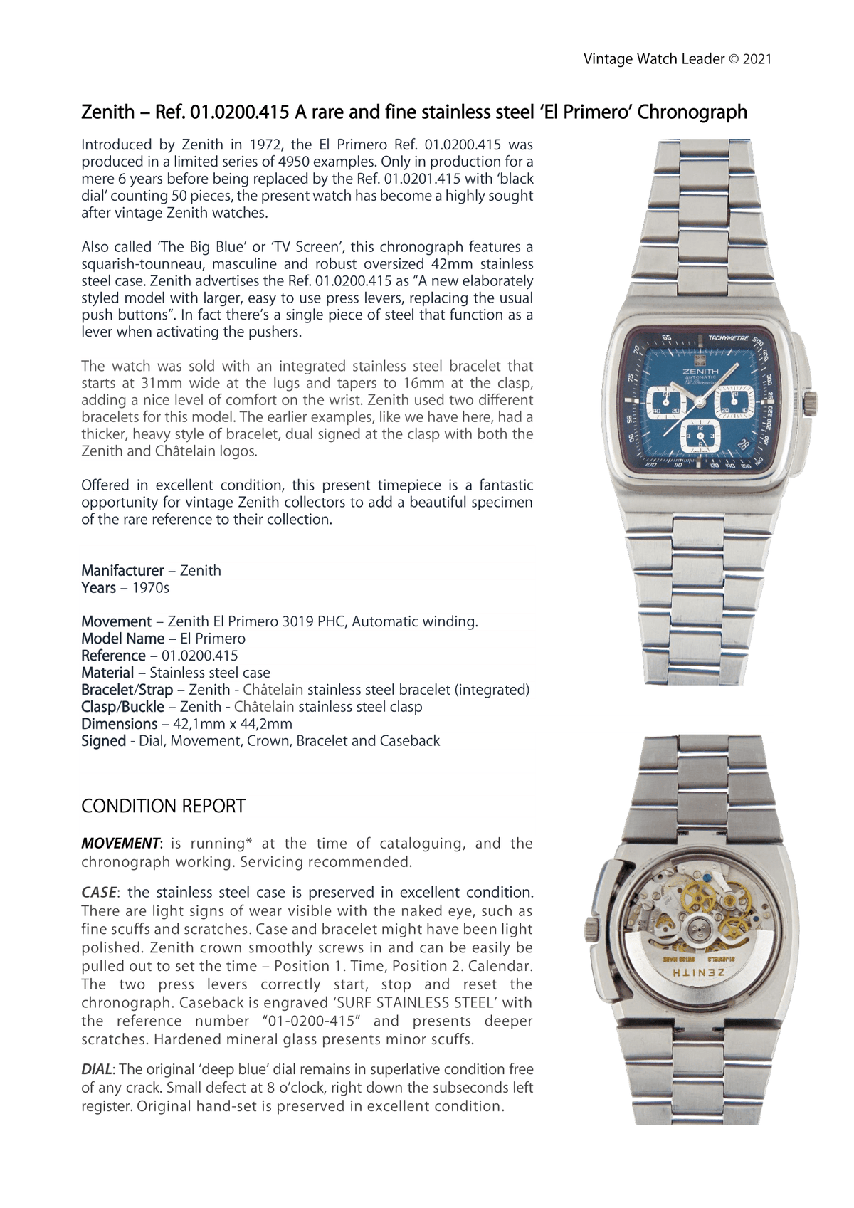 1970s Zenith TV El Primero Ref. 01.0200.415 Vintage Watch Leader