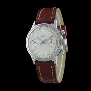 1960s Hamilton Chronograph Ref 7723 - Manifacturer - Hamilton Years - 1960s  Movement – Valjoux 7730, Manual winding Model Name – N/A Reference – 7723 Material - Stainless steel case Bracelet/Strap - Generic leather band Clasp/Buckle - Generic steel buckle Dimensions - 36mm x 42,5mm Signed - Dial, Movement, Caseback and Crown1960s Hamilton Chronograph Ref. 7723 vintage valjoux 7730 for sale vintage watch leader